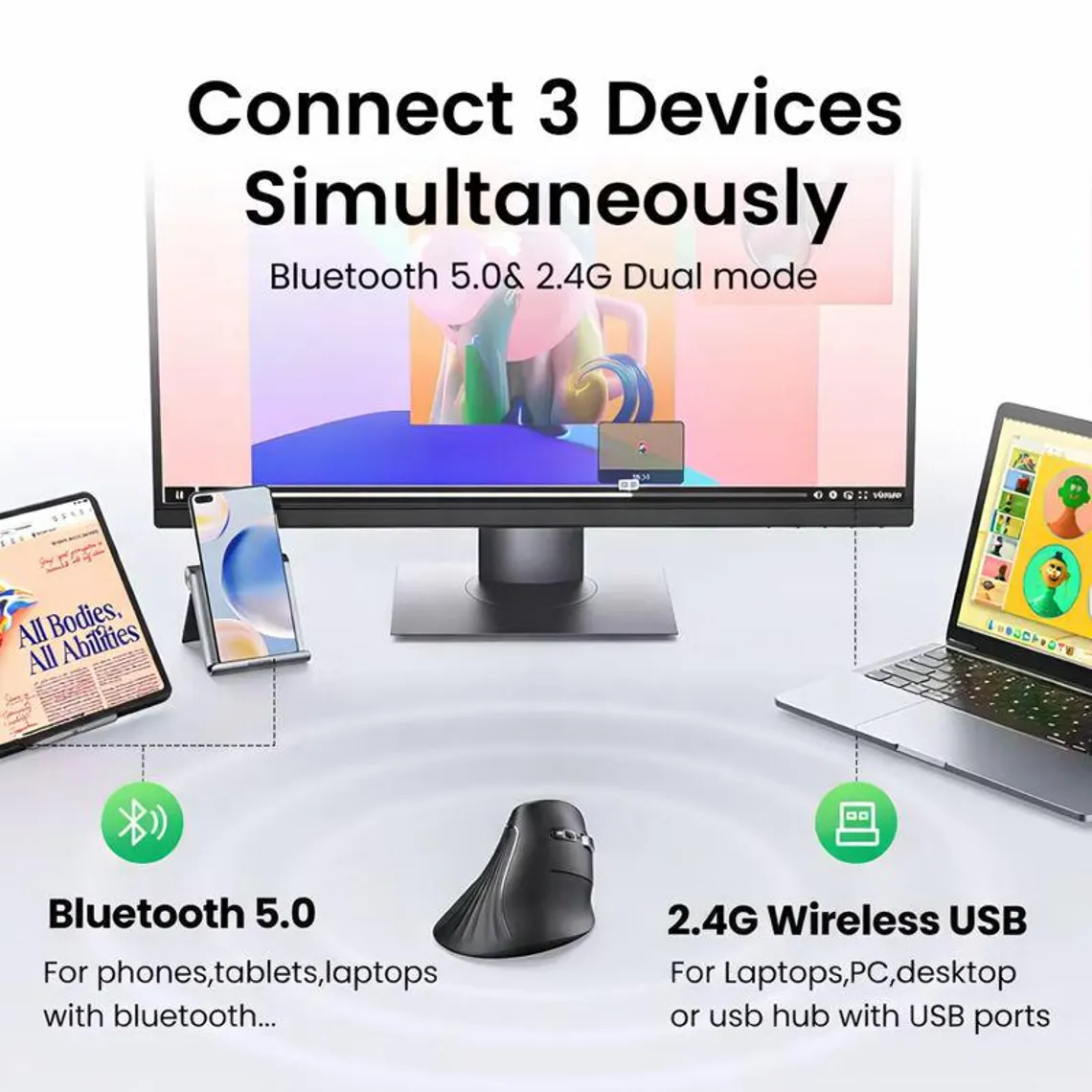 6 Button Dual Mode 2.4G Bluetooth 5.3 Ergonomic Wireless Mouse