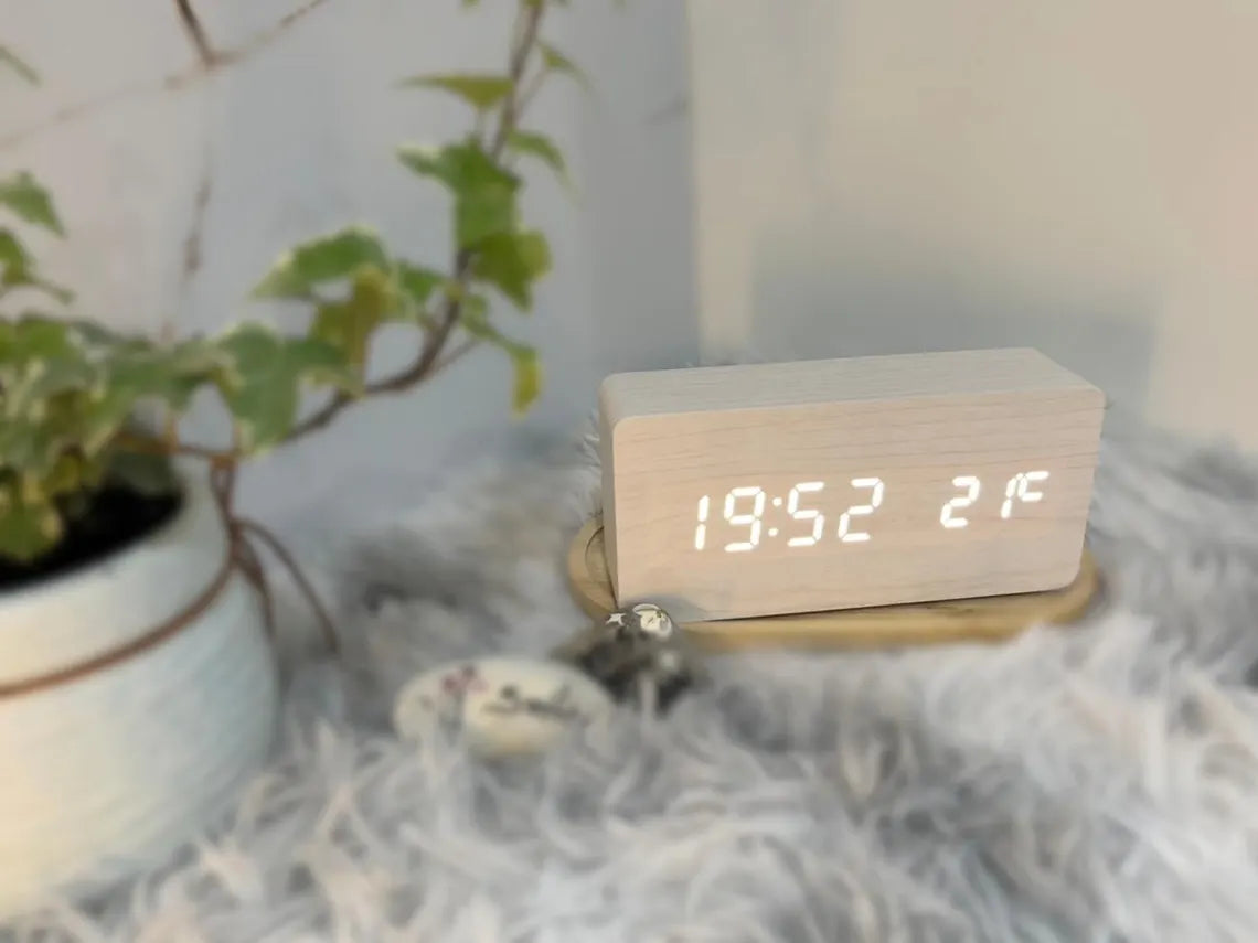 Voice Activated Wooden LED Digital Alarm Clock