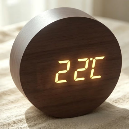 Round Silent Wood Grain LED Temperature Alarm Clock