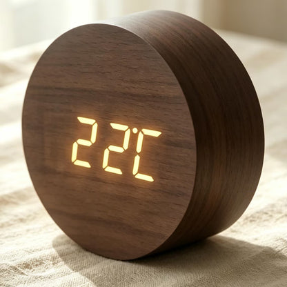 Round Silent Wood Grain LED Temperature Alarm Clock