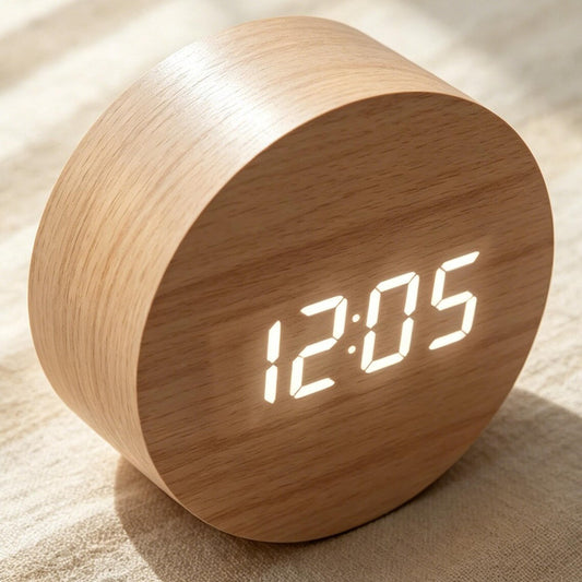 Round Silent Wood Grain LED Temperature Alarm Clock