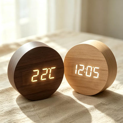 Round Silent Wood Grain LED Temperature Alarm Clock