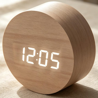 Round Silent Wood Grain LED Temperature Alarm Clock